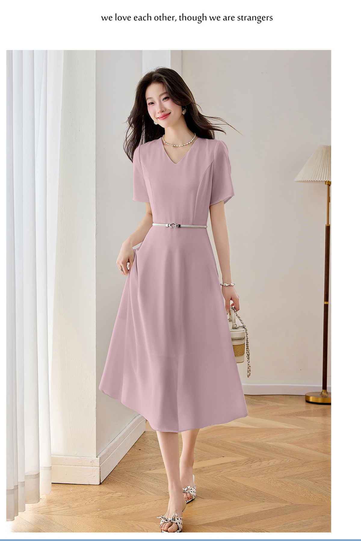 Đầm maxi nữ thắt eo cổ V dáng dài phối màu trơn — màu xanh đậm, màu tím, màu trắng chi tiết 23