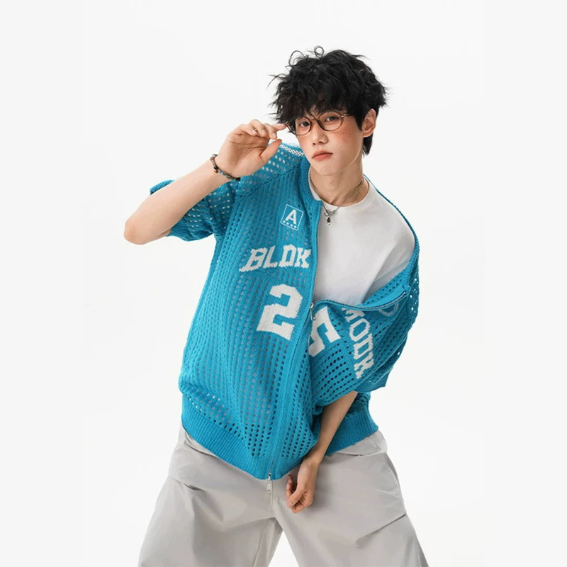 American Retro Jacquard Knit Jersey Short-Sleeved Shirt for Men and Women, Summer Trendy Niche Design Loose Shirt T-Shirt