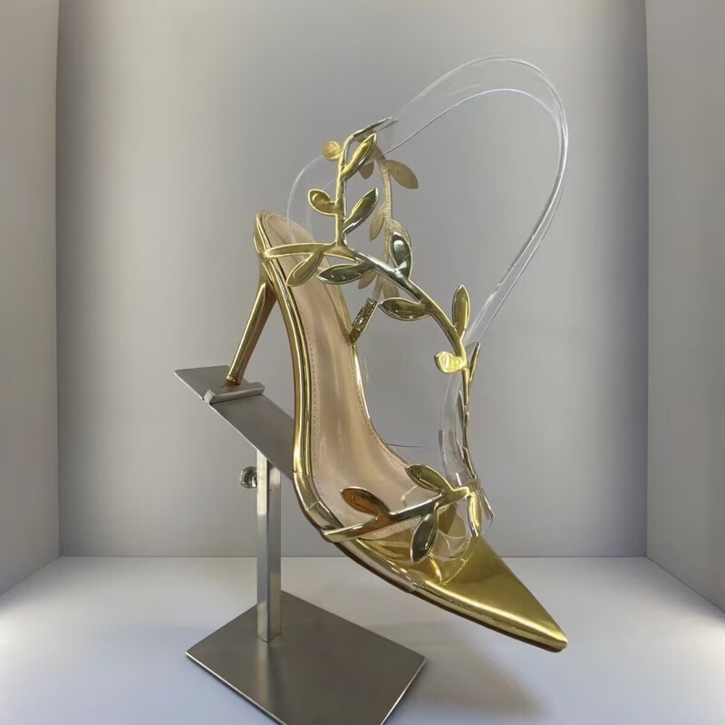 High-Quality~Stylish Design Gold Leaf Sandals 2025 Summer Ins Style Thin Heel Pointed Open-Toe High Heels for Women