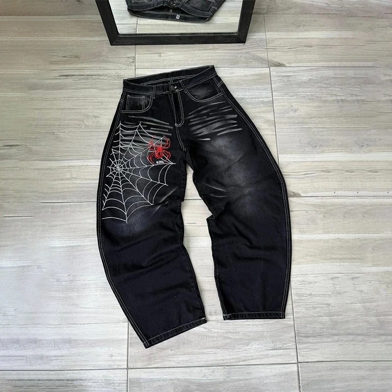 Impresión de tela de araña transfronteriza europea y americana estilo retro personalidad callejera de moda jeans jeans jeans jeans de piernas anchas