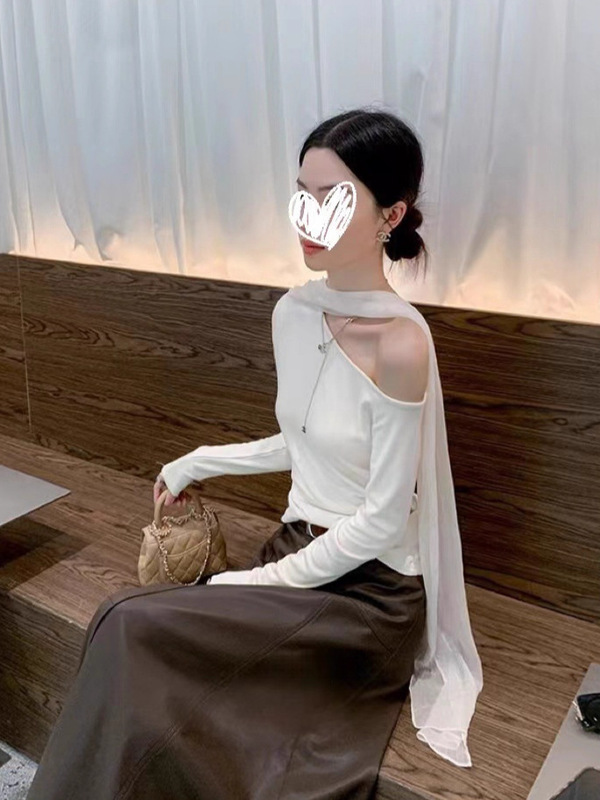复古美拉德咖色斜肩飘带挂脖长袖针织衫女早秋气质修身显瘦短上衣|undefined