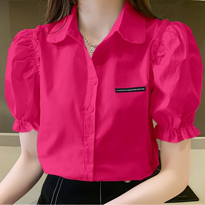 Summer Chiffon Shirt Short-Sleeved T-Shirt Women's Summer Wear New Korean Style Polo Collar Pure Color Shirt Elegant and Stylish Top