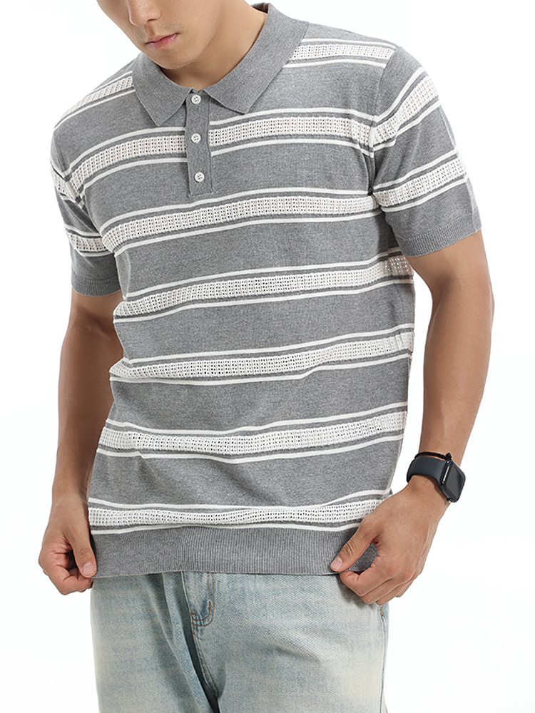 Los hombres europeos y estadounidenses con rayas huecas de hielo de punto polo con collar de manga corta camiseta de lujo ligera de negocios casual