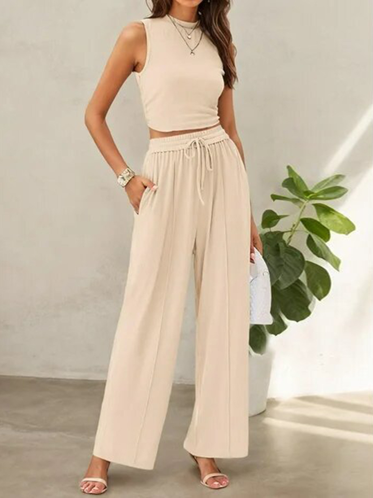 Women's Clothing Summer Leisure Suit Sleeveless Round Neck Short Slim Fit Top Wide Leg Pants Two Piece Suit_ecoleips.com