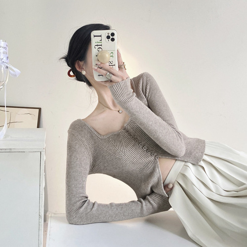 Pure Desire Boneless Square Collar Knit Basic Top Women Autumn/Winter High-End Gray Sweater Underwear Design-Small Group Upper Body Design