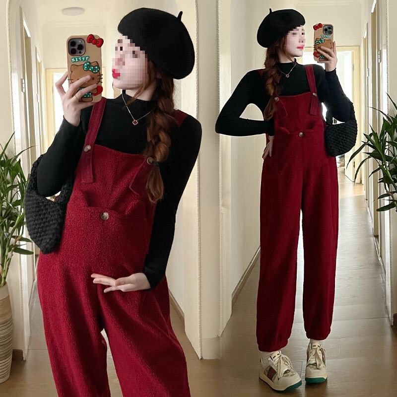 Maternity Overalls Set with Fleece, Adjustable Drawstring, Autumn Thickened and Extended Base Shirt Top Two-Piece Set for Autumn and Winter