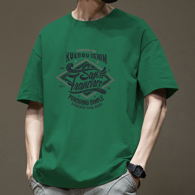 Camiseta de moda nacional blanca manga corta de los hombres media manga suelta impresa retro cuello redondo carta más tamaño americano pesado ins