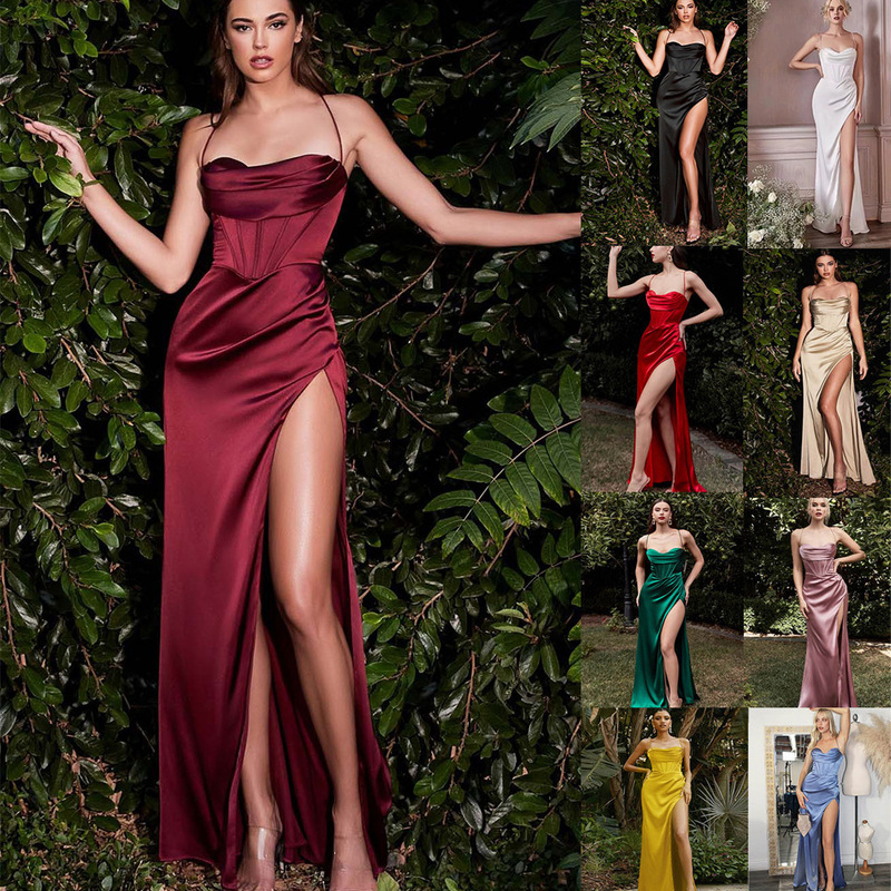 2026 Holiday Party Slim-Fit Evening Dress Sexy High-Waisted Slit Satin Dress Cross-Border European and American Women's Fashion 2026 Holiday Party Slim-Fit Evening Dress Sexy High-Waisted Slit Satin Dress Cross-Border European and American Women's Fashion