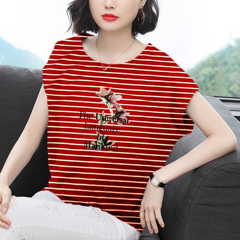 Cotton Slanted Shoulder Off-Shoulder Short-Sleeved Stripesd T-Shirt for Women Summer New Loose Outer Wear Foreign Style Fashionable Bat Sleeve Top