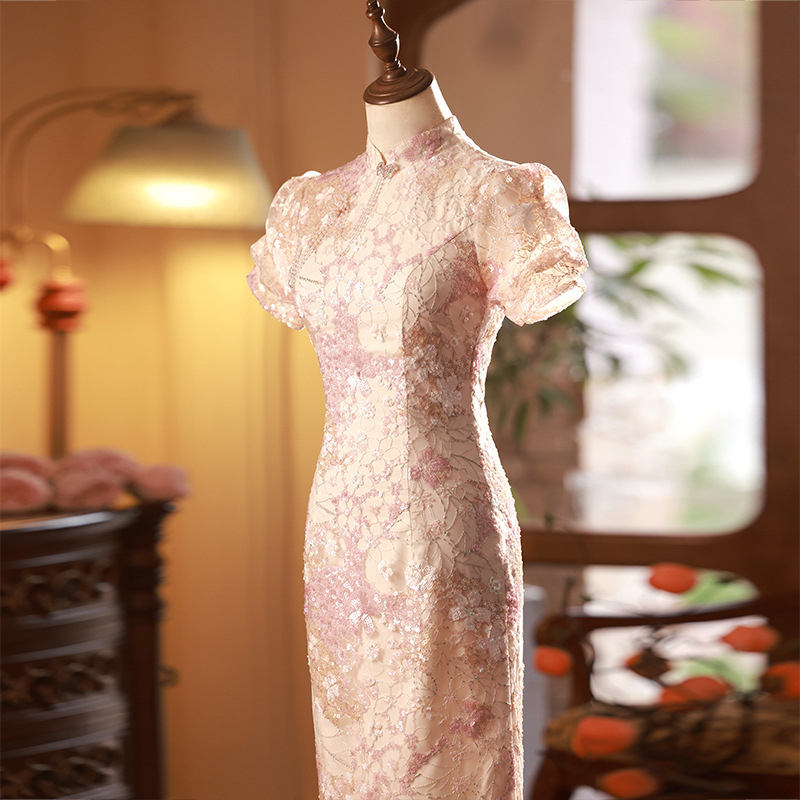Çəhrayı Qipao Üslublu Toy Paltarı, Sekvinli Qısa Don