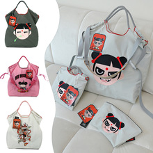 HINEZHA网红流行时尚刺绣潮流尼龙购物袋 跨境休闲百搭通勤单肩包