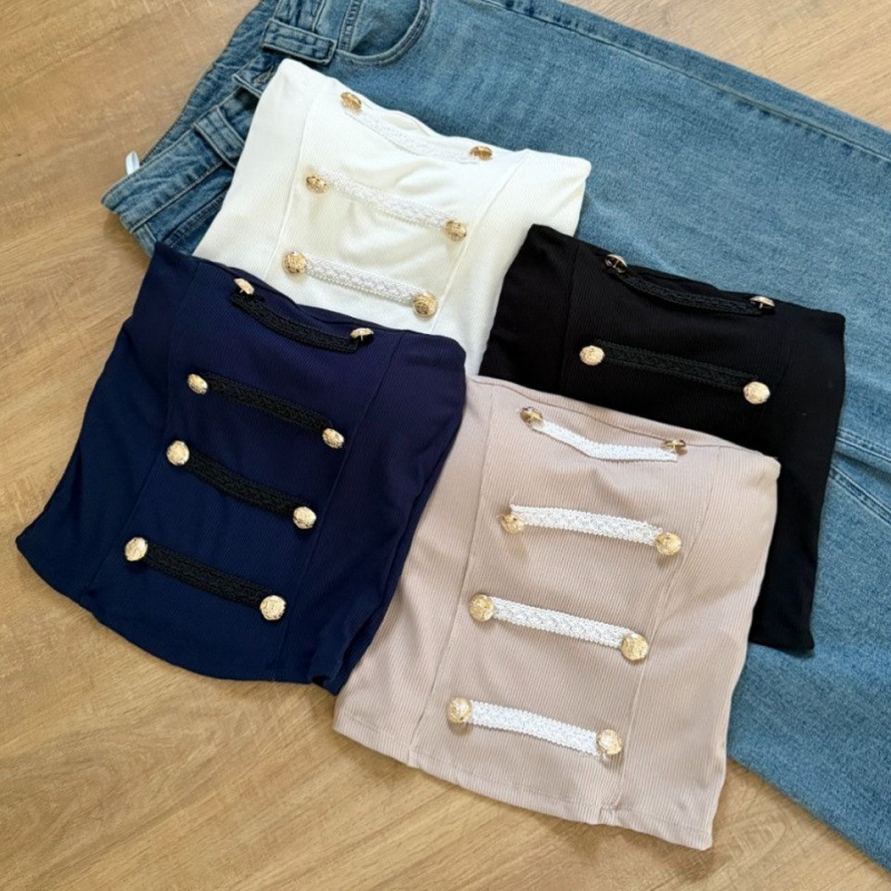 Botón de galía francesa envuelto en el pecho chaleco de cabraje para mujeres con un diseño elegante nicho blusa de pecho