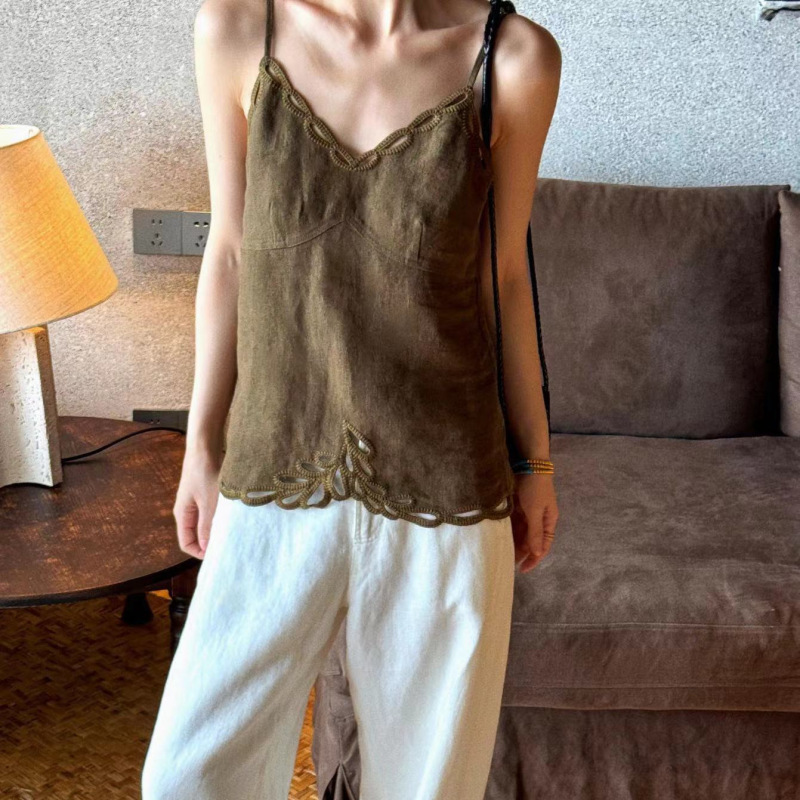 In-Stock Design-Inspired Hollow-Out Linen Camisole with a High-End Feel, Versatile and Casual, 2026 Embroidered Top