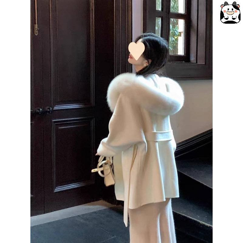 White Double-Sided Cashmere Cape Outwear for Women 2026 Autumn and Winter New High-End Hooded Fox Fur Woolen Outwear