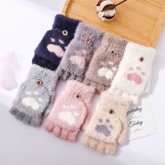 冬のかわいい漫画猫の爪手袋卸売暖かいプラスベルベット厚みのあるフリップ手袋学生ハーフフィンガーニット手袋