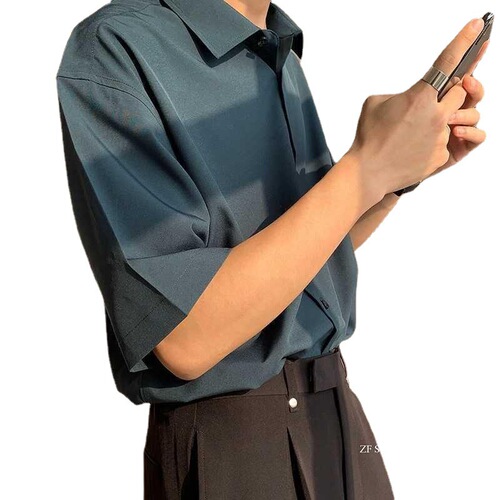 Short-sleeve shirt for men, loose iron-free collarless jacket, half-sleeve Hong Kong-style drape coat, cool rebel men's top, summer thin version