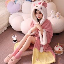 【五十弦】珊瑚绒玛丽猫卡通连帽睡衣女加绒加厚家居服女防寒