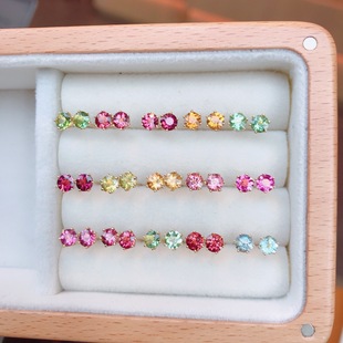 Fubei diamond jewelry [18K gold inlaid natural tourmaline earrings] bare stone size about 4mm naked eye clean fire flash