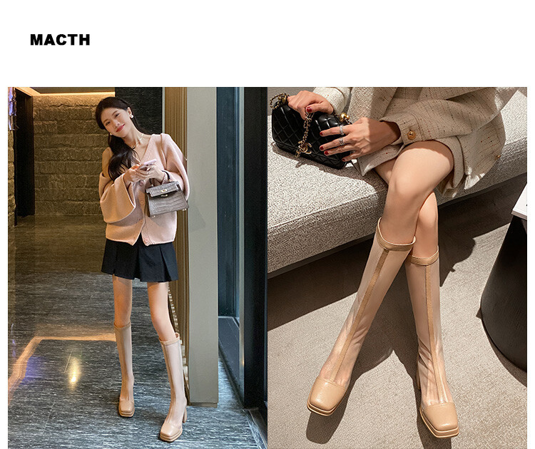 Boot nữ mũi vuông da bò lưới thoáng khí gót dày có khóa kéo sau đế chống nước — đen, mơ chi tiết 2