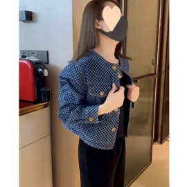 小香风棋盘格牛仔短外套女2024春秋新款宽松百搭小个子夹克上衣潮