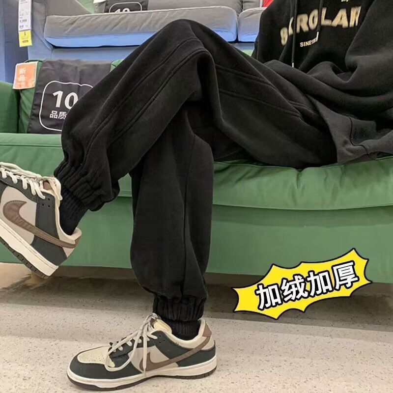 男士秋冬新款潮流加绒束脚卫裤休闲宽松运动裤保暖抽绳美式|undefined