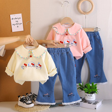 包邮女童春装女宝宝可爱小猫翻领卫衣牛仔裤两件套春秋季婴儿童装
