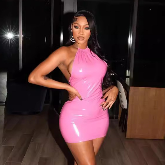 European and American Tight-Fitting Hip-Hugging Backless Skirt, Pink Halter-Neck Slim-Fitting Mini Skirt, Shiny Patent Leather Nightclub Dress, Sexy Girl
