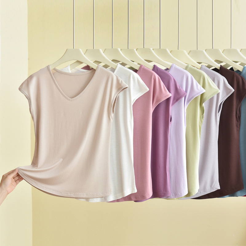 New Summer Cotton V-Neck Drop-Shoulder Sleeve T-Shirt for Women, Thin Solid Color Base Shirt, Loose Fit, Slimming, Casual Inner Wear New Summer Cotton V-Neck Drop-Shoulder Sleeve T-Shirt for Women, Thin Solid Color Base Shirt, Loose Fit, Slimming, Casual Inner Wear