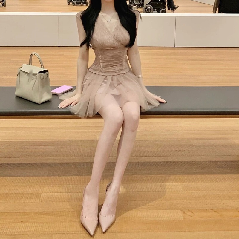 心动浅初系【芭蕾如梦】甜美气质V领蕾丝上衣/网纱裙裤套装2025新|undefined