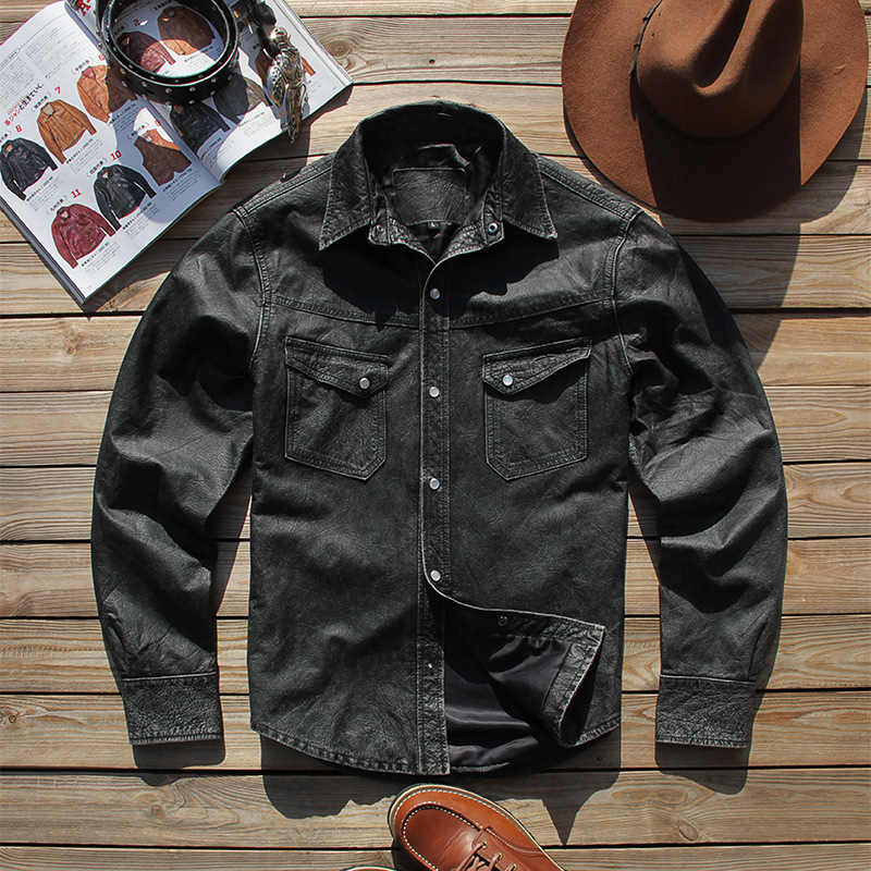 Western Cowboy Retro Genuine Leather Jacket Men's First-Layer Cowhide Stone-Washed Distressed Lapel Denim Shirt Slim Fit Top Western Cowboy Retro Genuine Leather Jacket Men's First-Layer Cowhide Stone-Washed Distressed Lapel Denim Shirt Slim Fit Top