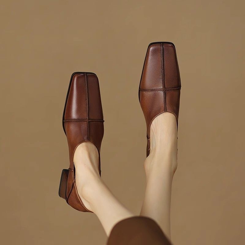 Brown Non-Tiring Women's Shoes High Heels Spring New Style Retro Square Toe Thick Heel Deep Mouth Single Shoes Women's Rubber