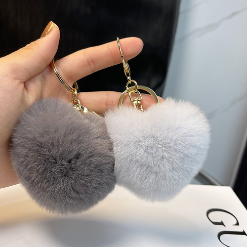 Real Otter Rabbit Plush Heart Car Keychain Pendant Cute Fuzzy Ball Bag Charm Heart Birthday Gift for Girls