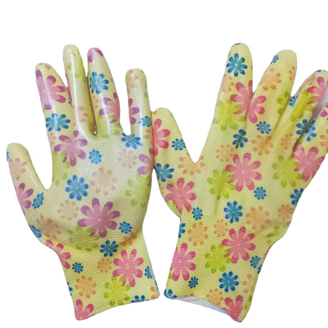 Guantes de protección laboral brillantes de nitrilo sumergidos en palma de nailon impreso de 13 pines del fabricante, guantes de jardín transpirables, resistentes a las perforaciones, resistentes al desgaste y a prueba de puñaladas