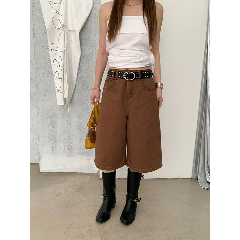 Icciicc American Retro Coffee-Colored Loose Denim Mid-Length Pants Slimming Straight Wide-Leg Cropped Pants for Women 10306A