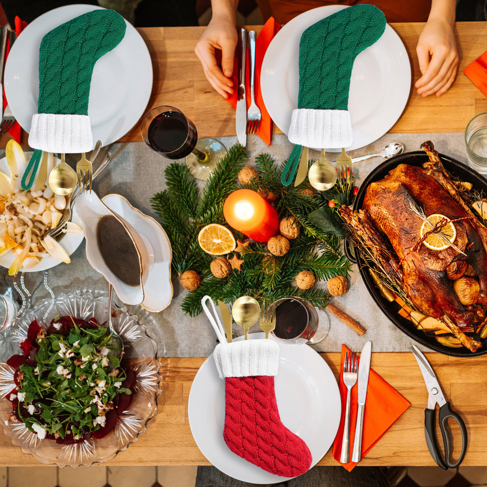 Navidad transfronteriza de punto pequeño calcetines de Navidad rojo y verde encantador regalo calcetines cuchillo y tenedor cubierta de decoración de árbol de Navidad bolsas de dulces