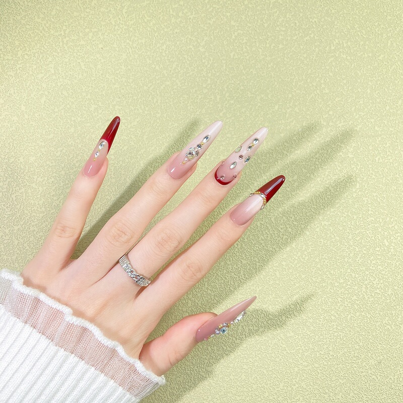 Nail Art Tips with Handmade Rhinestones, Sheer Burgundy Color, Unique High-End Style, Festive Atmosphere, Wearable Nails for Wholesale