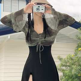 两件套2025韩国新款温泉跨境显瘦抽绳扎染罩衫连体泳衣女长袖防晒