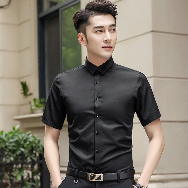 2024 Summer White Shirt Men's Short Sleeve Slim Thin Shirt Business Professional Formal Wear Black Work Clothes