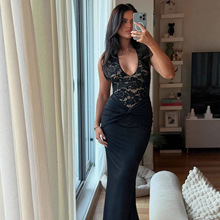 法式高级露锁骨拼蕾丝连衣裙小众收腰显身材露背修身挂脖网纱长裙