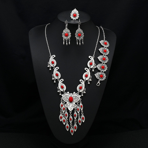 European and American ethnic style long tassel necklace retro exotic bohemian vacation bracelet earrings travel suit for women