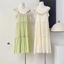 2025新设计温柔风民族风特色绿色女法式花边流苏复古感吊带连衣裙