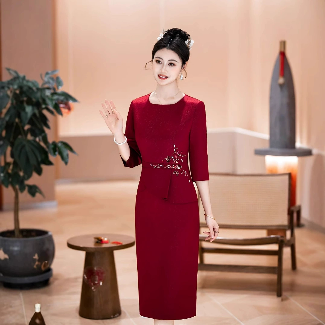 Красные горячие распродажи в китайском стиле, мама, свекровь, вечернее платье, свадебный ужин, темперамент, платье cheongsam, поддельные две части
