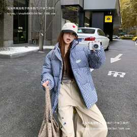 官图蓝色格子羽新款棉衣棉服冬季新款宽松面包服加厚外套现货款