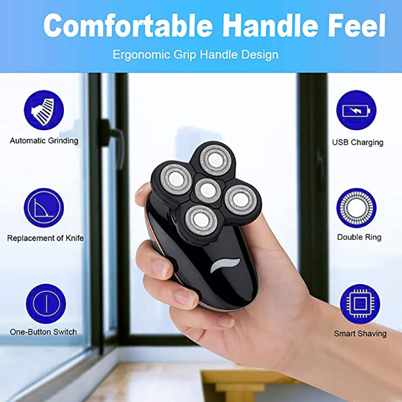 Barbeador masculino com cinco lâminas, lavável, para cabeças raspadas, recarregável via USB._voghion.com