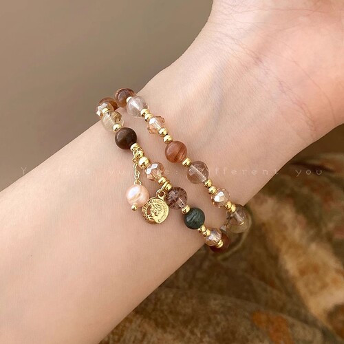Double Crystal Pearl Beaded Bracelet for Women, Lightweight Luxury Retro Layered Bracelet, Ins Style Unique Design, High-End Accessory