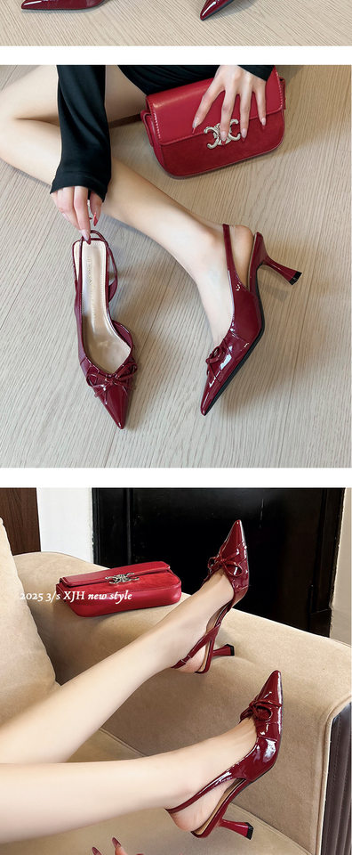Sandal nữ bít mũi nhọn gót mảnh thắt nơ, quai hậu hở gót, gót 6–8 cm — Màu trắng be, Màu đen, Màu đỏ rượu chi tiết 11