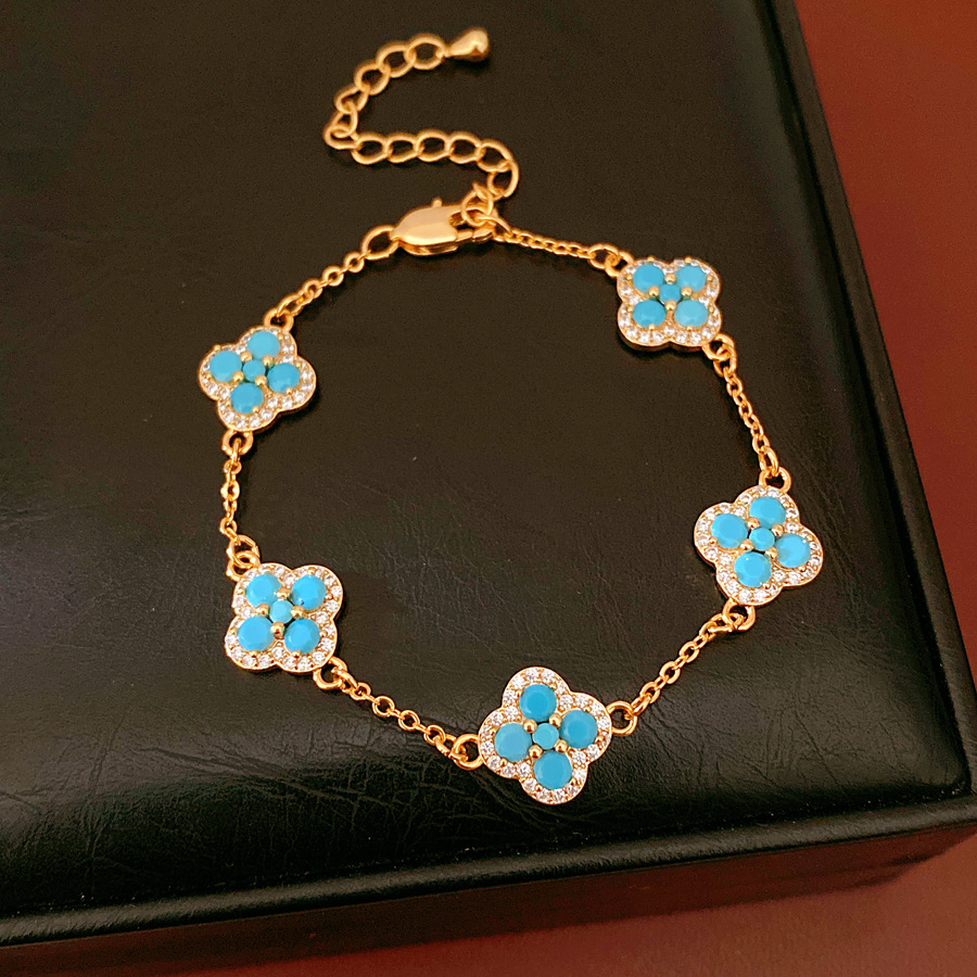 Pulsera - oro - Azul - cinco flores (chapado en oro real)