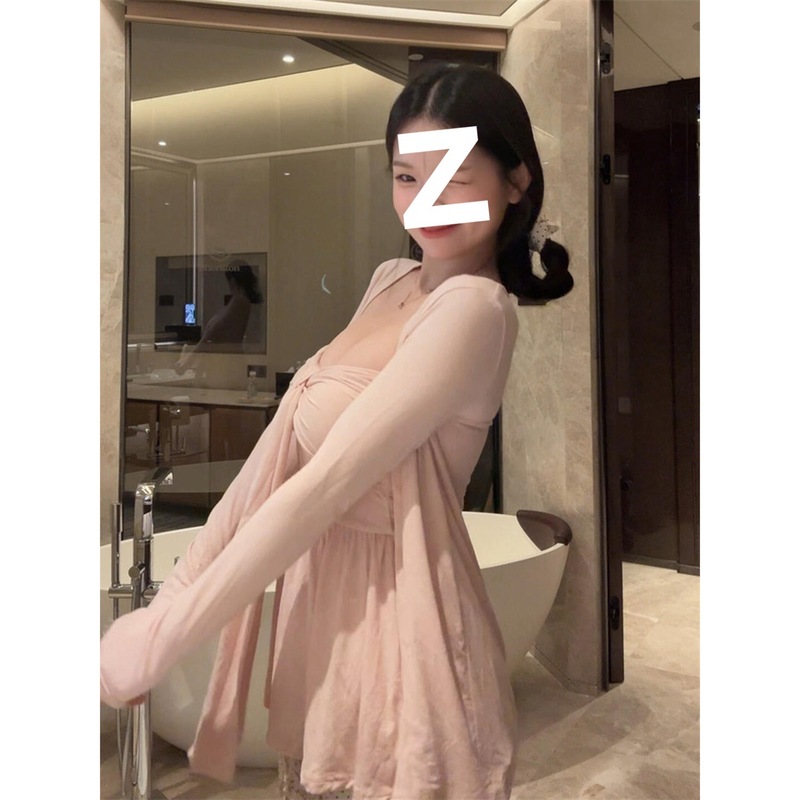 韩系千金感温柔粉色开衫外套女早秋季氛围感收腰抹胸背心纯欲套装|undefined