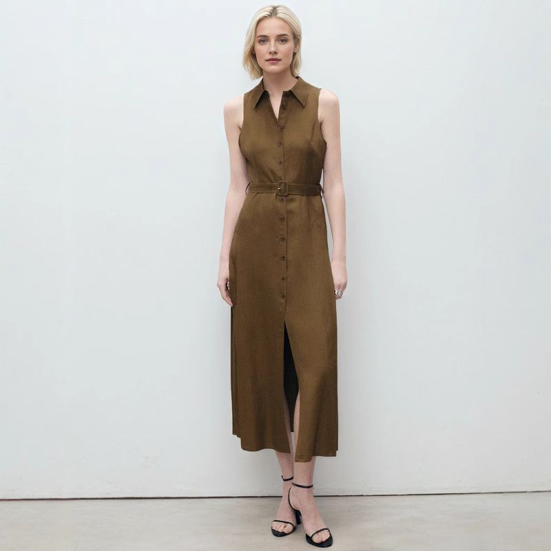 Summer New Slip Long Dress V-neck Sleeveless Solid Color Tight Waist dress Shirt dress Fashion Simple Commuter