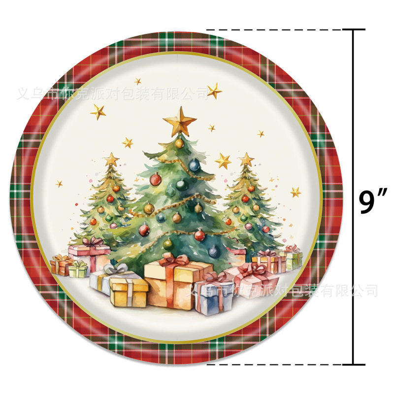 赤い格子クリスマス紙皿水彩クリスマスツリー使い捨て紙コップティッシュテーブルクロス祝日パーティー皿|undefined